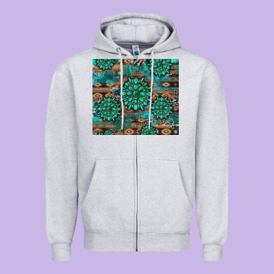 Gemstone Turquoises Aztec Leopard Cowhide Zipper Hoodie Designed By Artiststas