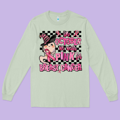 In October We Wear Pink For Breast Cancer Long Sleeve Tee Designed By Adodesignshop