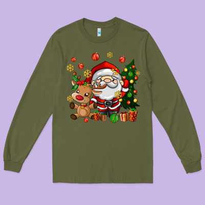 Santa And Reindeer Long Sleeve Tee Designed By Adodesignshop