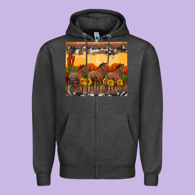 Western Horses And  Sunset With Sunflowers Zipper Hoodie Designed By Artiststas