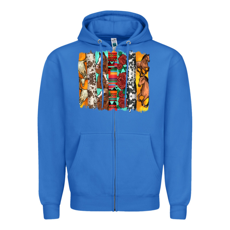 Western Horses Roses And Bullskulls Wıth Cowhide Amd Serape Brushstro Zipper Hoodie by Artiststas | Teevron
