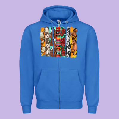 Western Horses Roses And Bullskulls Wıth Cowhide Amd Serape Brushstro Zipper Hoodie Designed By Artiststas