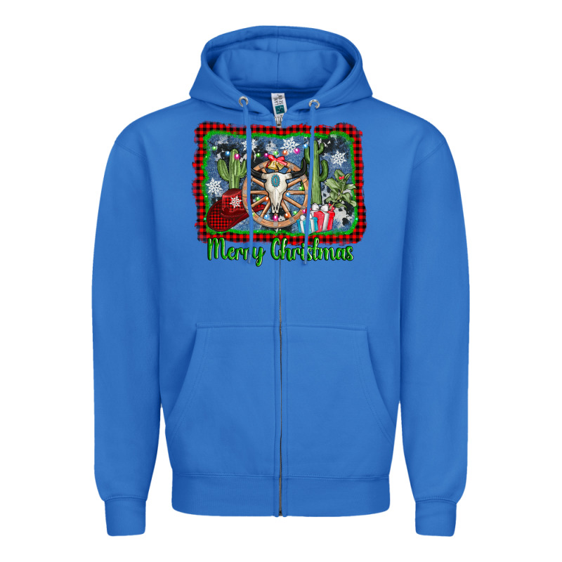 Merry Christmas Western Bull Skull Zipper Hoodie by AdoDesignShop | Teevron