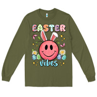 Army Green easter vibes smiley face Long Sleeve Tee - Artiststas