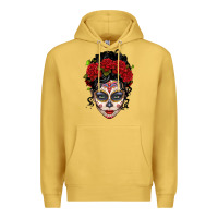 Antique Gold mexican sugar skull messy bun woman Premium Hoodie - LillyAllenDesigns