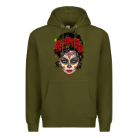 Army Green mexican sugar skull messy bun woman Premium Hoodie - LillyAllenDesigns