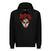 Black mexican sugar skull messy bun woman Premium Hoodie - LillyAllenDesigns