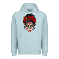 Blue Mist mexican sugar skull messy bun woman Premium Hoodie - LillyAllenDesigns