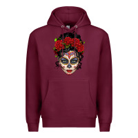 Burgundy mexican sugar skull messy bun woman Premium Hoodie - LillyAllenDesigns