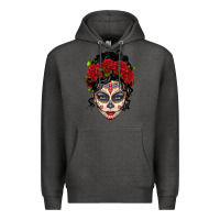 Charcoal Heather mexican sugar skull messy bun woman Premium Hoodie - LillyAllenDesigns