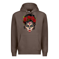 Coffee mexican sugar skull messy bun woman Premium Hoodie - LillyAllenDesigns