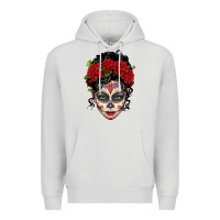 Dove Grey mexican sugar skull messy bun woman Premium Hoodie - LillyAllenDesigns