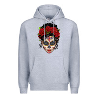 Heather Grey mexican sugar skull messy bun woman Premium Hoodie - LillyAllenDesigns