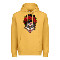 Mustard mexican sugar skull messy bun woman Premium Hoodie - LillyAllenDesigns