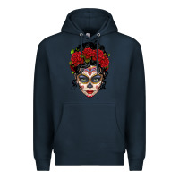 Navy mexican sugar skull messy bun woman Premium Hoodie - LillyAllenDesigns