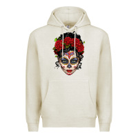 Oatmeal Heather mexican sugar skull messy bun woman Premium Hoodie - LillyAllenDesigns