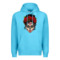 Ocean Blue mexican sugar skull messy bun woman Premium Hoodie - LillyAllenDesigns