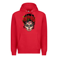 Red mexican sugar skull messy bun woman Premium Hoodie - LillyAllenDesigns
