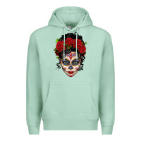 Seafoam mexican sugar skull messy bun woman Premium Hoodie - LillyAllenDesigns