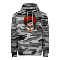 Slate Camo mexican sugar skull messy bun woman Premium Hoodie - LillyAllenDesigns