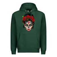 Sports Green mexican sugar skull messy bun woman Premium Hoodie - LillyAllenDesigns