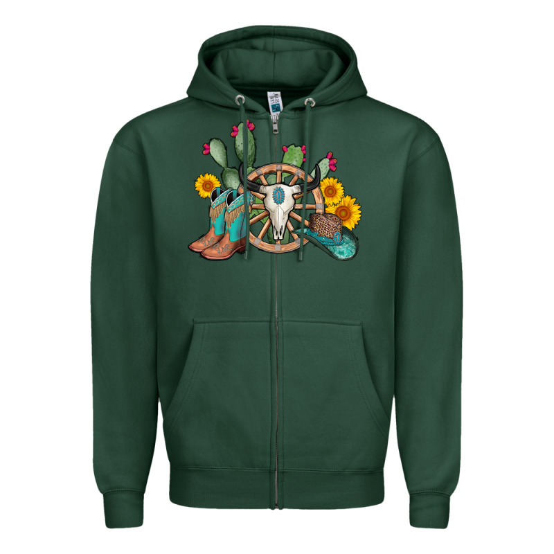 Wheel Bull Skull Western Cowboy Zipper Hoodie by AdoDesignShop | Teevron