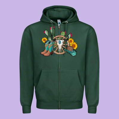 Wheel Bull Skull Western Cowboy Zipper Hoodie Designed By Adodesignshop