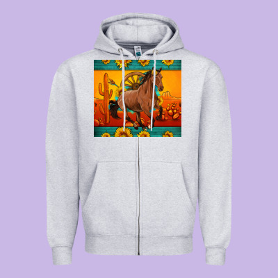 Western Sunset Galloping Horse Sunflower Zipper Hoodie Designed By Artiststas