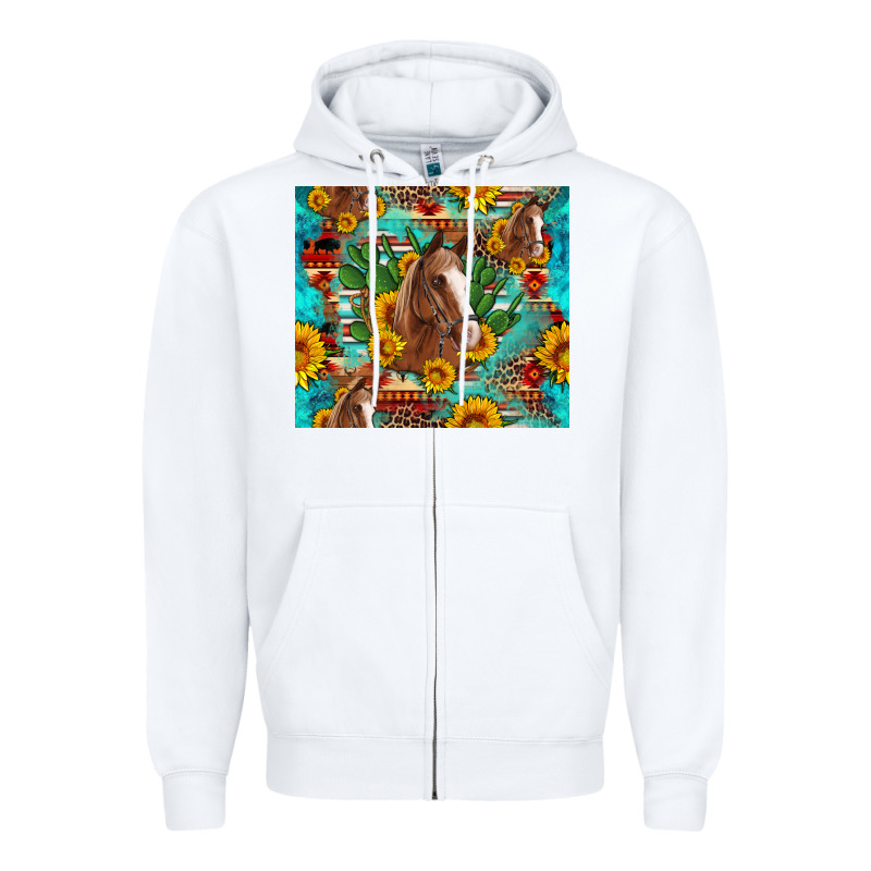 Sunflowers And Cactus Horses Turquoise Aztec Leopard Background Zipper Hoodie by Artiststas | Teevron