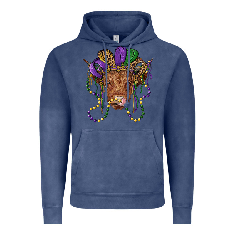 Highland Cow With Mardi Gras Hat Vintage Hoodie by RanaPortraitStore | Teevron