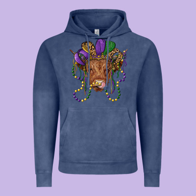Highland Cow With Mardi Gras Hat Vintage Hoodie Designed By Ranaportraitstore