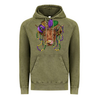 Vintage Olive highland cow with mardi gras hat Vintage Hoodie - RanaPortraitStore