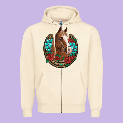 Western Horseshoe Horse Roses Gemstone Zipper Hoodie Designed By Artiststas