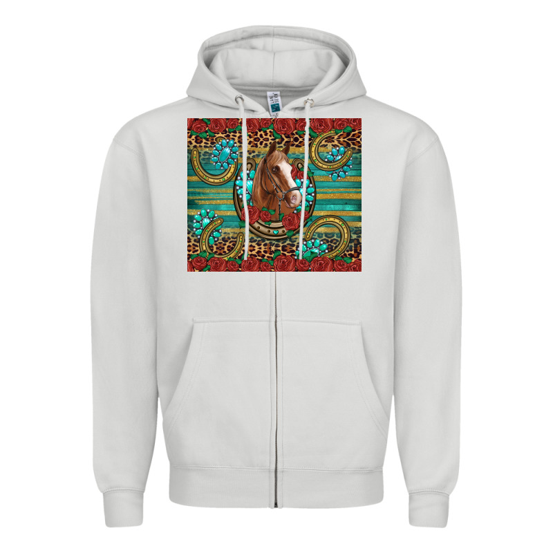 Western Horse Horseshoe Roses Gemstones Glitter Wooden Zipper Hoodie by Artiststas | Teevron