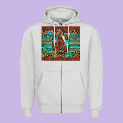 Western Horse Horseshoe Roses Gemstones Glitter Wooden Zipper Hoodie Designed By Artiststas