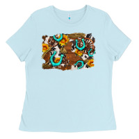 Baby Blue western cowhide horseshoe sunflower background Ladies Tee - AdoDesignShop