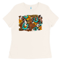 Bone western cowhide horseshoe sunflower background Ladies Tee - AdoDesignShop
