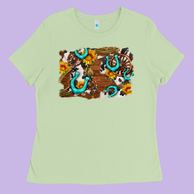 Western Cowhide Horseshoe Sunflower Background Ladies Tee Designed By Adodesignshop