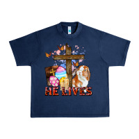 Navy He lives Easter Day Urban Heavy Tee - CowGirlArtShop