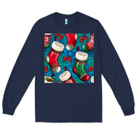 Navy christmas socks seamless pattern Long Sleeve Tee - BundleAndBundleShop