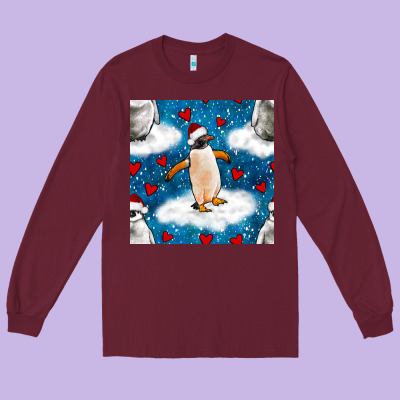 Christmas Penguin And Heart Seamless Pattern Long Sleeve Tee Designed By Bundleandbundleshop