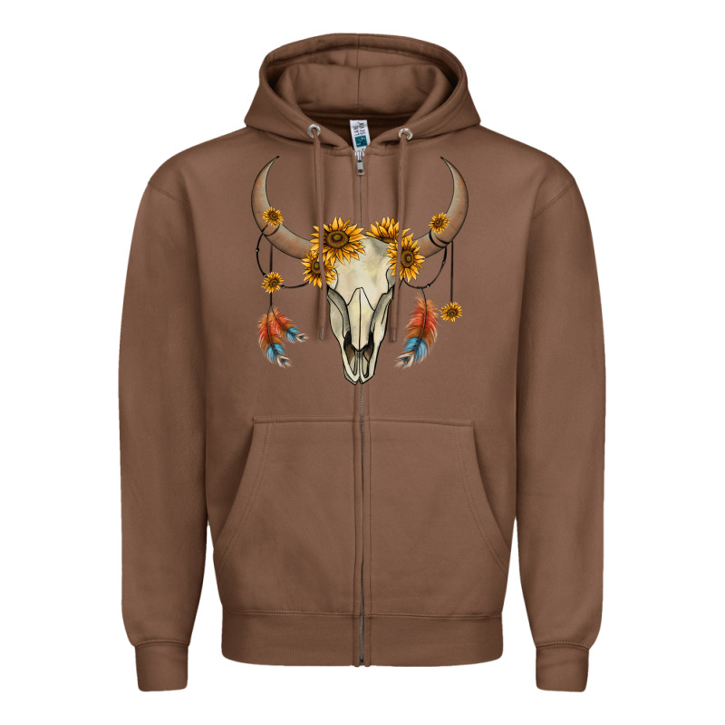 Bull Skull Sunflowers And Feathers Zipper Hoodie by AdoDesignShop | Teevron