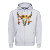 Heather Grey bull skull sunflowers and feathers Zipper Hoodie - AdoDesignShop