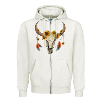 Oatmeal Heather bull skull sunflowers and feathers Zipper Hoodie - AdoDesignShop