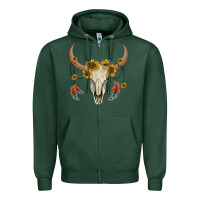 Sports Green bull skull sunflowers and feathers Zipper Hoodie - AdoDesignShop