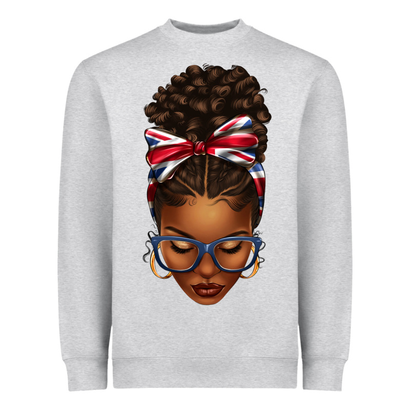 Union Jack Flag Afro Messy Bun Heavyweight Sweatshirt by texasbilliewilder | Teevron