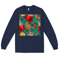 Navy christmas hot chocolate and cookie seamless pattern Long Sleeve Tee - BundleAndBundleShop