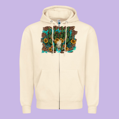 Leopard Bull Skull Cactus Sunflowers Zipper Hoodie Designed By Adodesignshop
