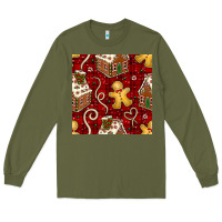 Army Green christmas gingerbread cookie house seamless pattern Long Sleeve Tee - BundleAndBundleShop