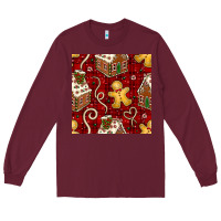Burgundy christmas gingerbread cookie house seamless pattern Long Sleeve Tee - BundleAndBundleShop